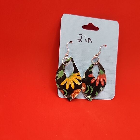 Hand Crafted Dangle Earring Faux Leather Floral Drop - Multicolor - Picture 4 of 13